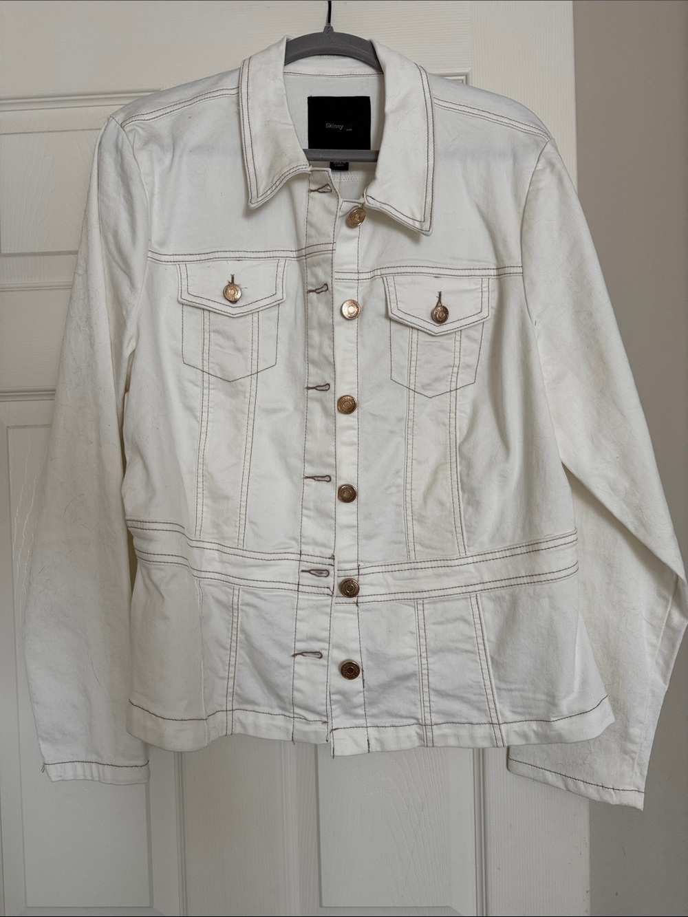 Skinnygirl Ivory Denim Jacket with Brown Stitching